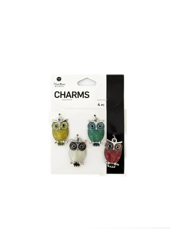 Blue Moon Beads Multi-Color Metal Enamel Owl Charms for DIY Jewelry Making, 4 Piece-Unisex, Adult
