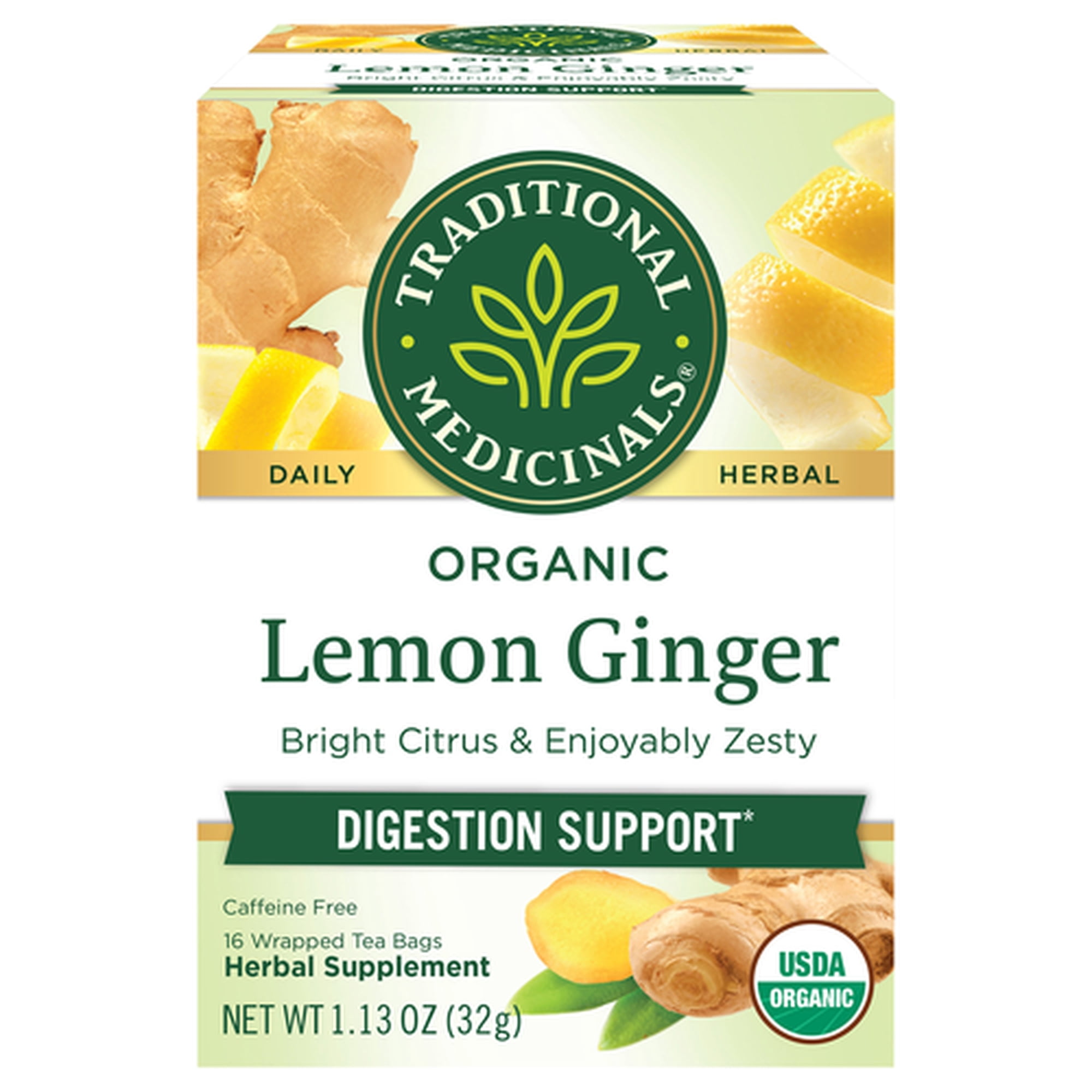 Traditional Medicinals Lemon Ginger Herbal Tea Bags, Caffeine-Free, 16 Count
