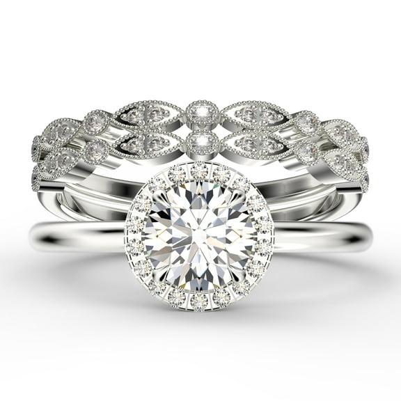 Fairy Minimalist 2.25 Carat Round Cut Diamond Moissanite Engagement Ring, Classic Halo Wedding Ring in 925 Sterling Silver With 18k White Gold Plating Gift For Her, Two Matching Band