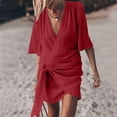 thumbnail image 4 of OSFVNOXV Summer Linen Dresses for Women Boho Shirt Dress Wrap V-Neck Breathable Mini Kaftan Dress for Beach Vacation, 4 of 9