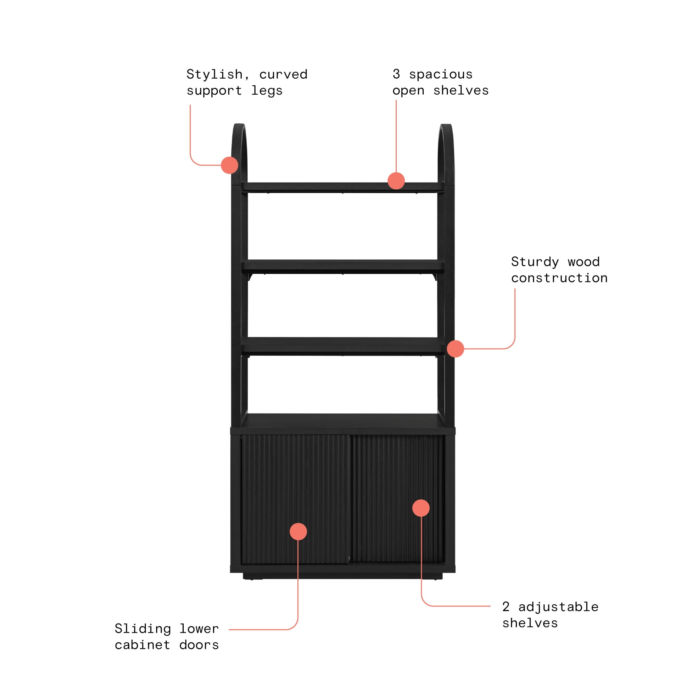 Beautiful Fluted 3-Shelf Bookcase with Storage Cabinet by Drew Barrymore, Rich Black Finish