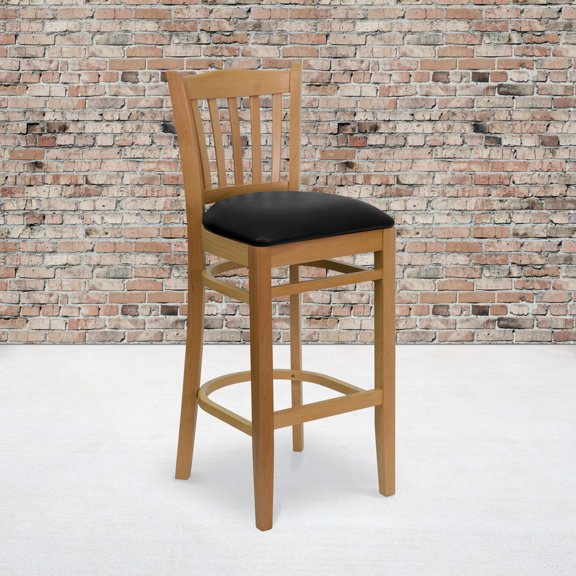 Emma Oliver 2 Pack Vertical Slat Back Natural Wood Restaurant Barstool - Black Vinyl Seat
