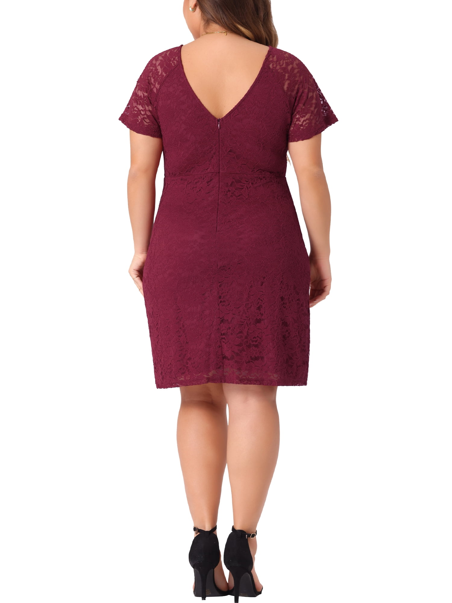 DARING DIVA Plus Size Floral Bateau V Neck Short Sleeves Lace Dress 1X Burgundy