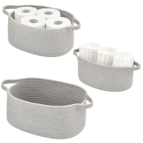 mDesign Casual Woven Cotton Rope Bathroom Basket with Handles, Set of 3, Gray