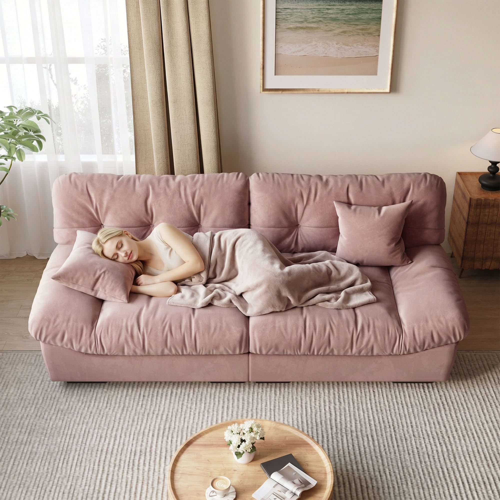 Magic Home 89" Cloud Sofa,Modern Velvet Couch,3-Seat Sofa for Living Room,Apartment and Small Space,Pink