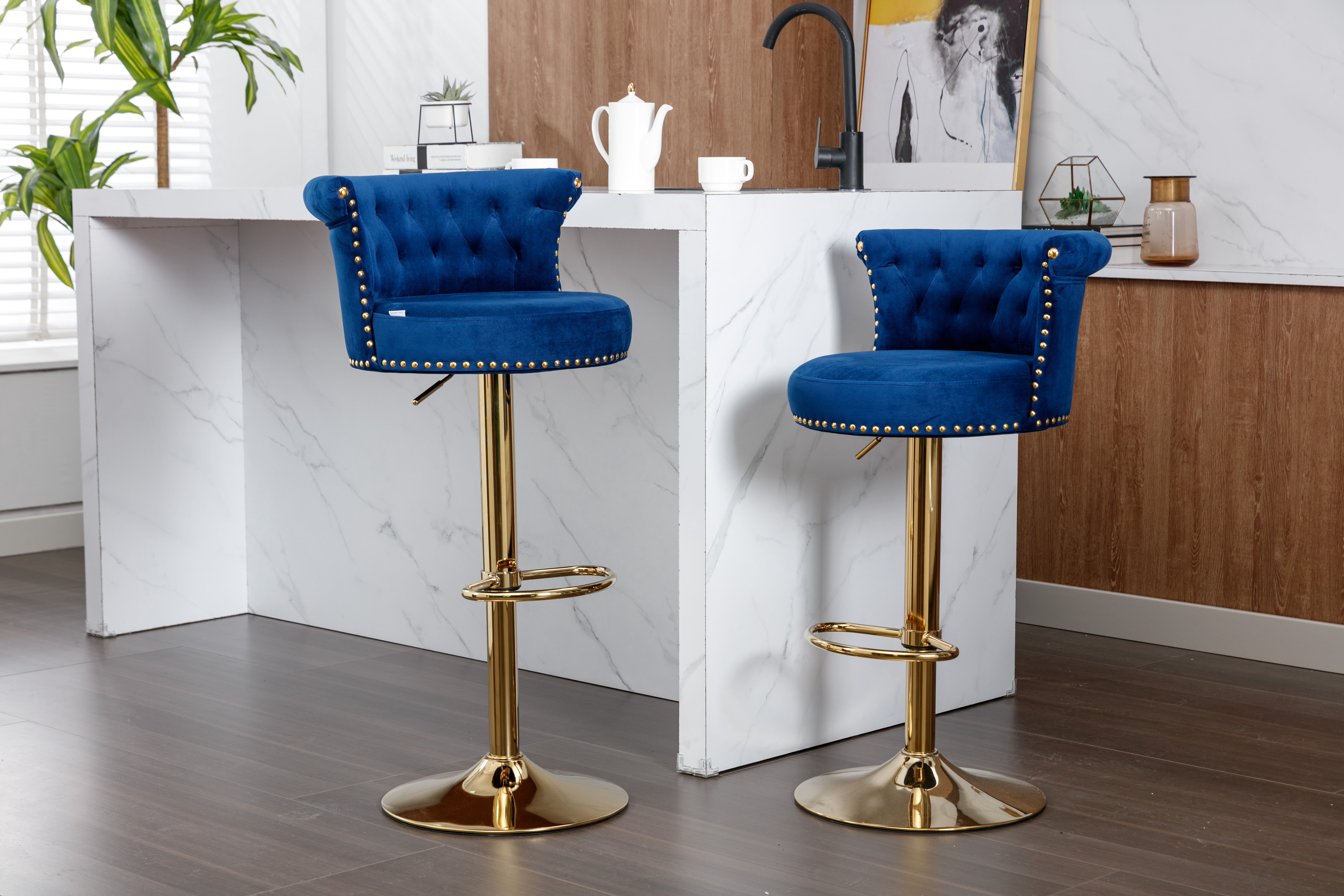 MOONMISS Velvet Tufted Nailheads Swivel Adjustable Height Bar Stools(set of 2)-NAVY