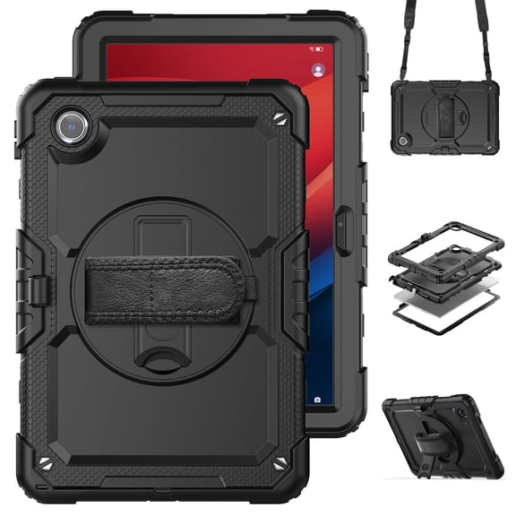 Case for Lenovo Tab M11 2023 TB-330FU/Xiaoxin Pad 2024 11 inch TB-331FC with Screen Protector, 360 Degree Rotating Kickstand Hand Strap Shockproof Cover with Shoulder Strap, Black