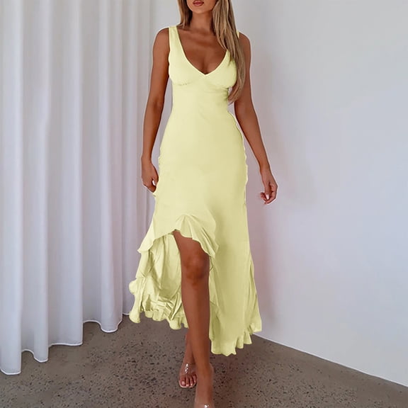 Tumotour Summer Tank Dress for Women Maxi Dress Women's Sexy Fashion Slim V-neck Ruffled Slit Dress