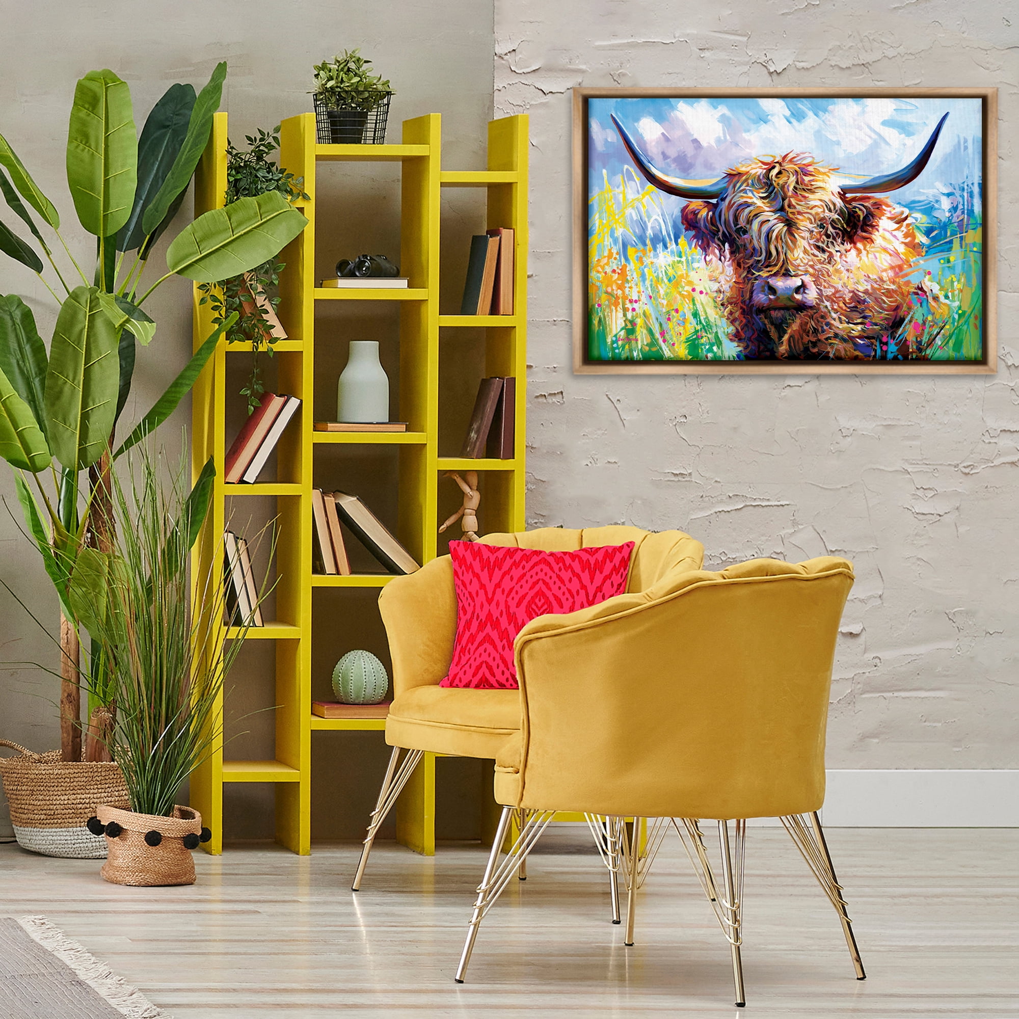 Stupell Industries Long Haired Highland Cattle Animals & Insects Painting Brown Floater Framed Canvas Art Print Wall Art, 31 x 21