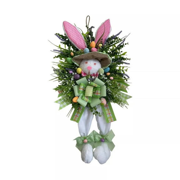 WMGHA 30"x 15.8" Easter Bunny Wreath with Colorful Eggs Artificial Easter Wreath Mixed Flowers Green Leaves Hanging Bunny Shaped Wreath with Bow for Front Porch Door Wall(Bow Bunny)