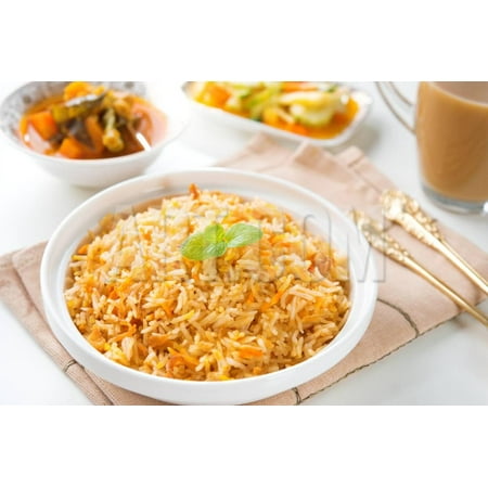 Indian Vegetarian Food. Biryani Rice, Curry Dhal and Milk Tea on Dining Table. Print Wall Art By