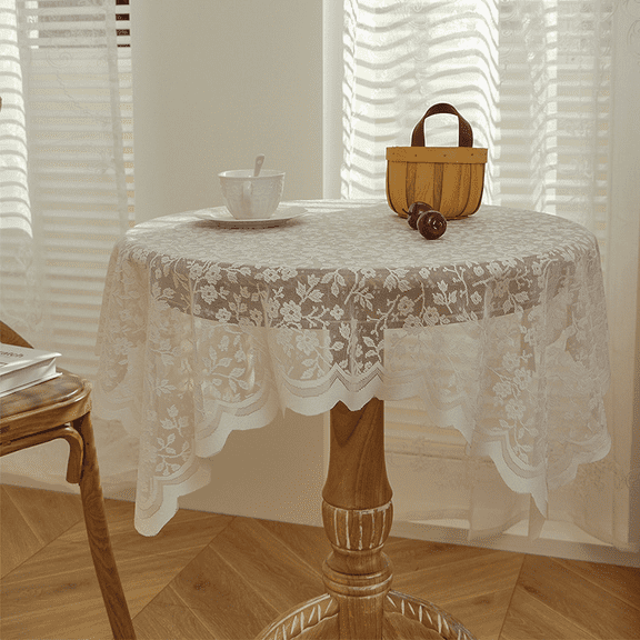White Lace Tablecloth, Polyester Fiber Floral Desktop Cover, Vintage Style Reusable Dust-Proof Dining Decorative Cover for Coffee, Tea, Round Tables, Dressers, Refrigerators, 55 x 35 in / 140 x 90 cm