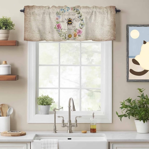 Valance Curtains for Windows Spring Flower Bee Kitchen Curtians Window Treatment Vintage Floral Topper Curtain Rod Pocket Valances for Kitchen Bathroom Living Room 54x18in