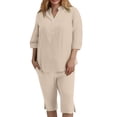 thumbnail image 3 of QIYAGBSA 2 Piece Sets for Women with 3/4 Sleeve Notched Neck Top and Bermuda Shorts Relaxed Fit Summer Vacation Outfit (Beige S), 3 of 4