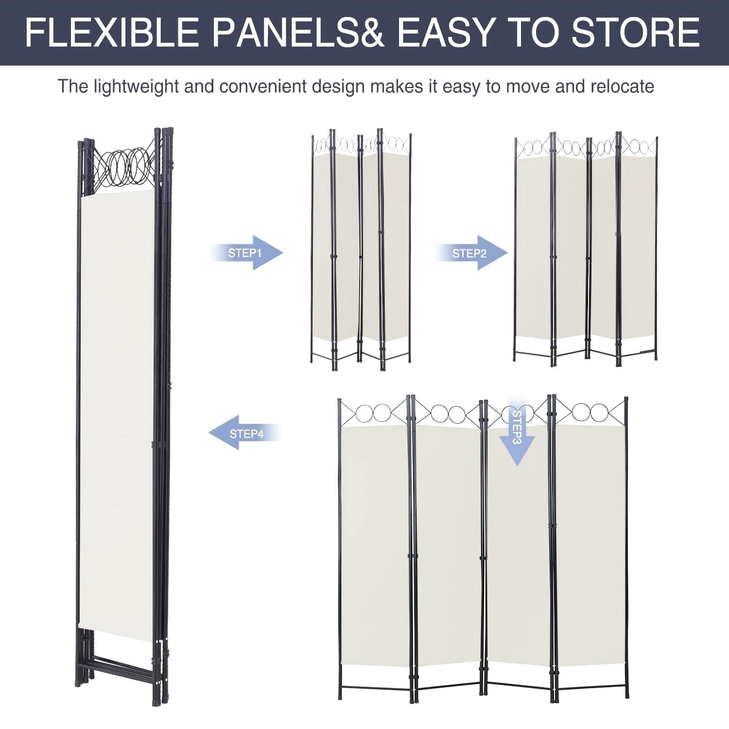 BIQWBIC 4-Panel Room Dividers and Folding Privacy Screens, 6.8 Ft Fabric Partition Screen, Beige