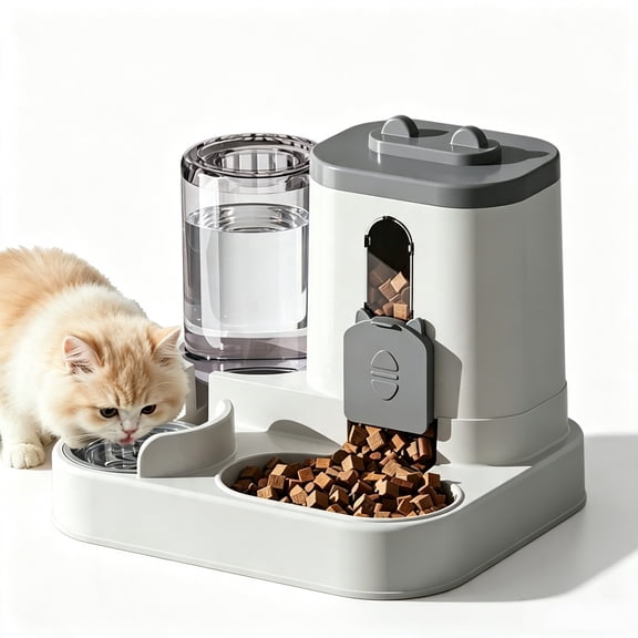 2 in 1 78oz Automatic Cat Feeder and 34oz Water Dispenser Combo, Large Capacity Pet Food Water Station for Indoor Cats, Kittens, Small Dogs, Travel & Daily Use, Gray