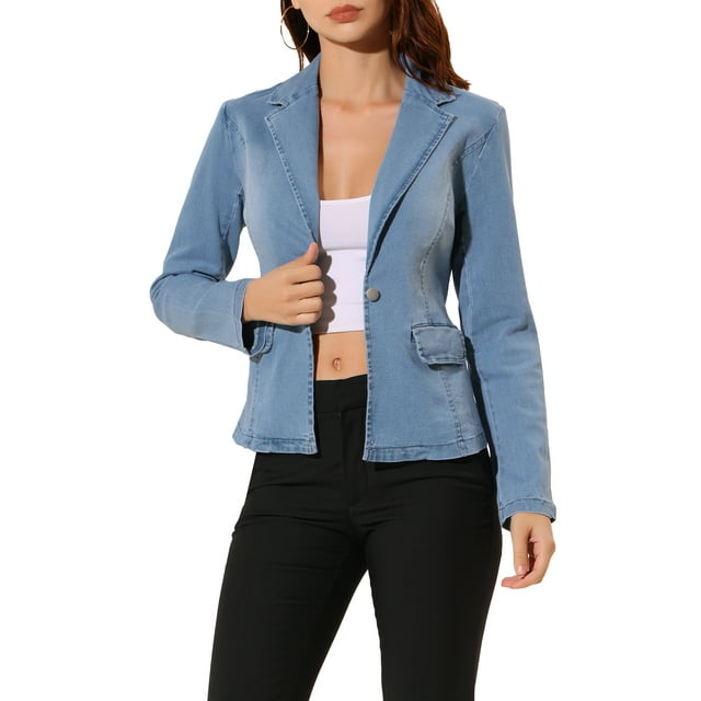 INSPIRE CHIC Veste en Denim Délavé pour Femme à Revers Cranté, Boutonnée, Manches Longues, TG Bleu Pâle