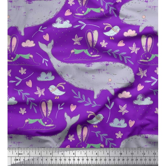 Soimoi Purple Rayon Fabric Cute Animals Kids Print Fabric by the Yard 56 Inch Wide