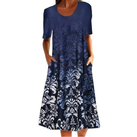 Women's Short Sleeve Plus Size Floral Midi Dress Summer Beach Swing ...