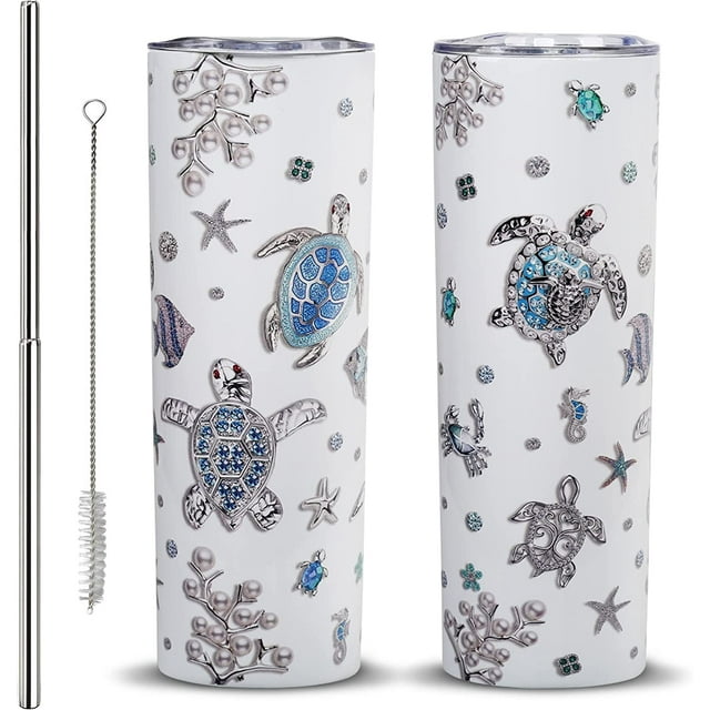 Vaso de tortuga marina, vaso delgado de 20 oz, regalo para amantes de las tortugas, con tapa y pajita, de acero inoxidable de doble pared con aislamiento al vacío, vaso delgado de tortuga marina.