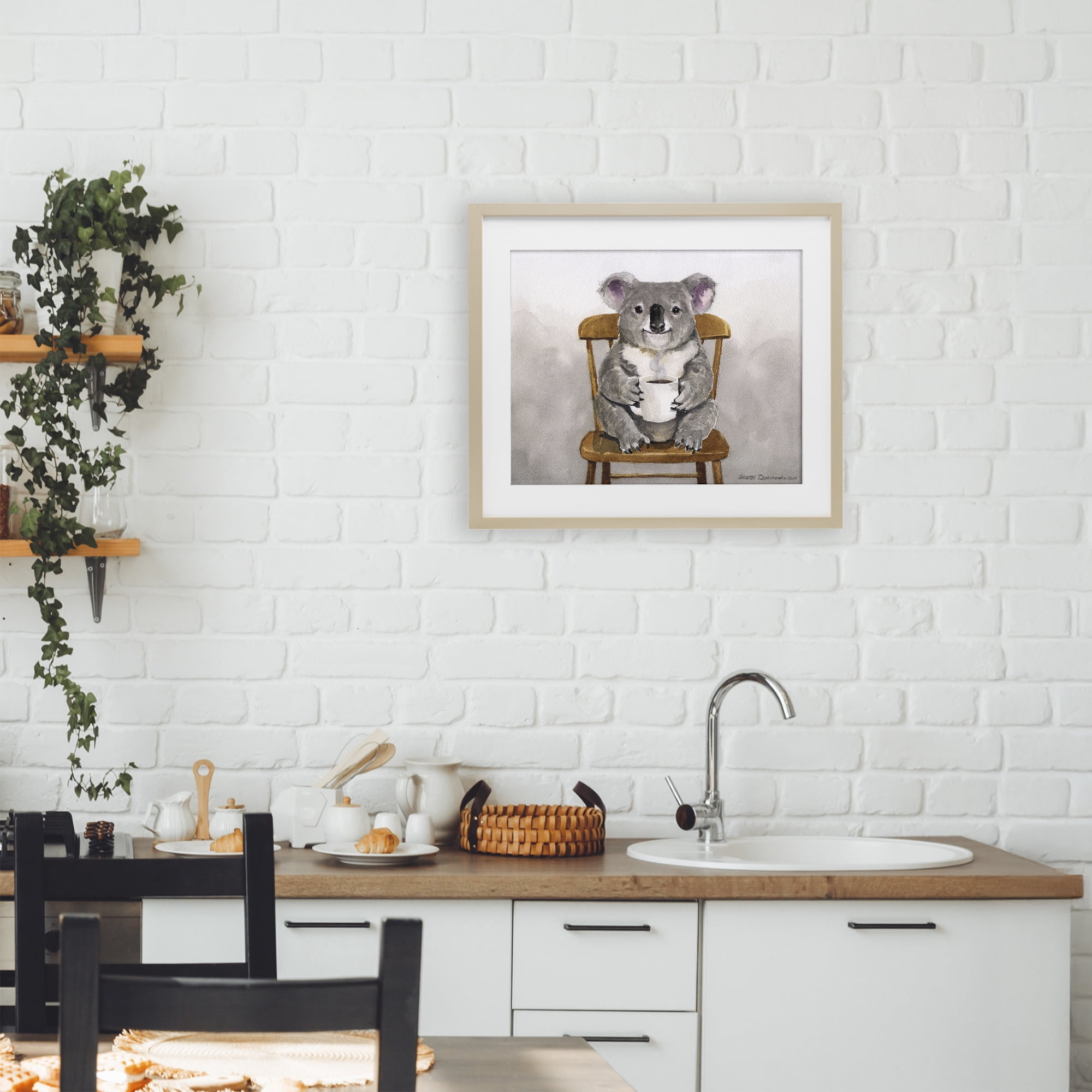 Stupell Industries Koala with Coffee Mug Birch Framed Print Under Glass, design by George Dyachenko