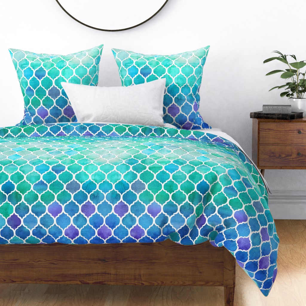 Cotton Sateen Duvet Cover, Full/Queen Green Blue Large Print Moroccan