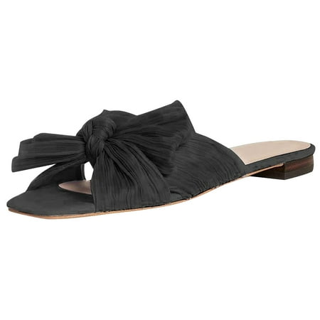

Women s Fashion Sandals Thick Heel Bow Silk Sandals Retro Buckle Flat Shoes
