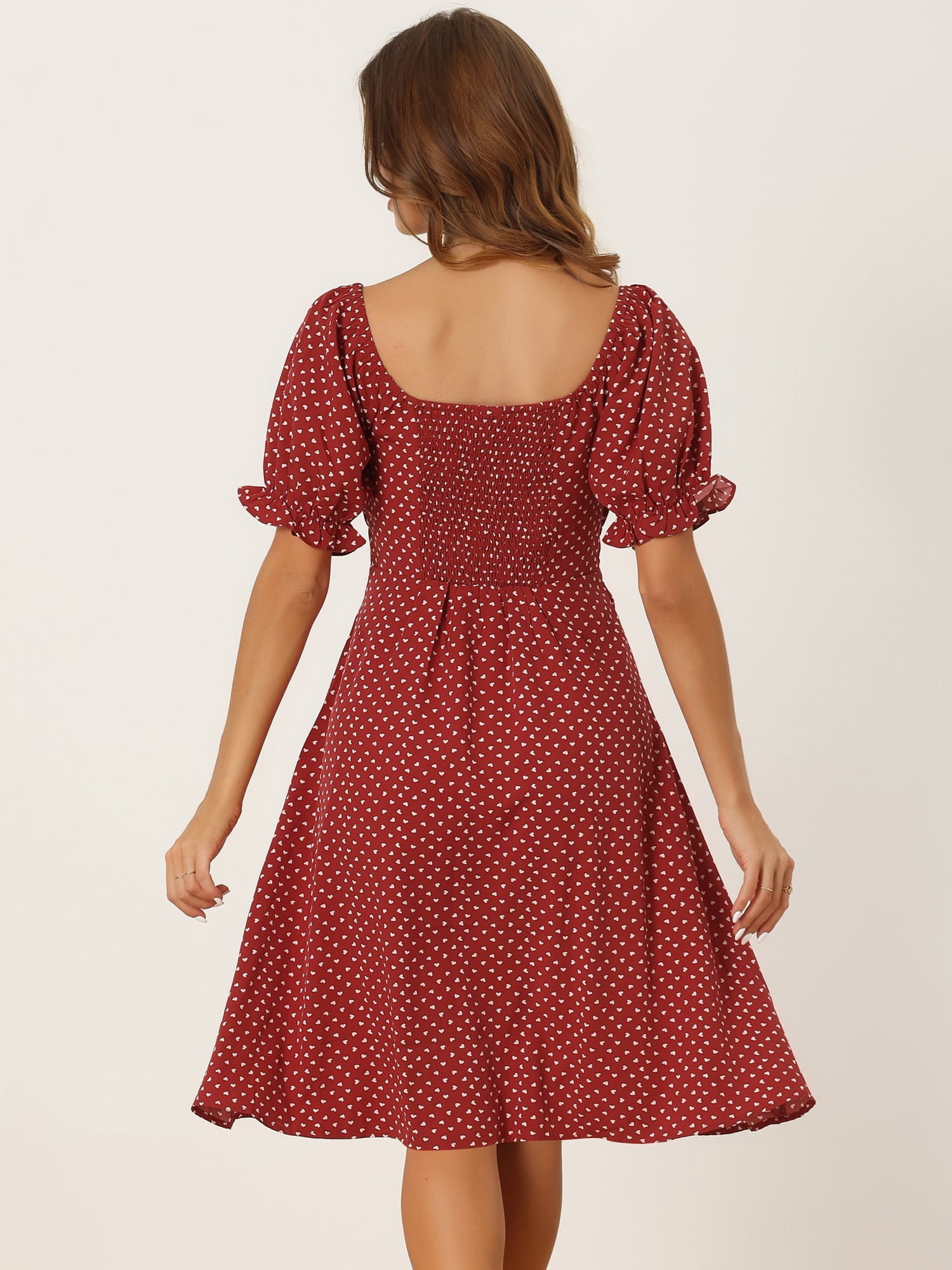 DARING DIVA Women's Heart Print Smocked Puff Sleeve Midi Dress M Red
