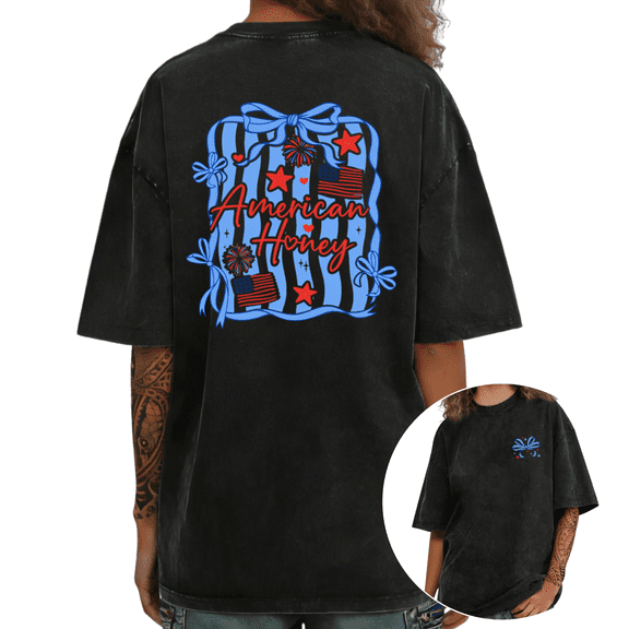 UNISHE Women's Patriotic American Honey Flag Graphic Retro Washed T-Shirt Short Sleeve S-2XL Crewneck Distressed Tee