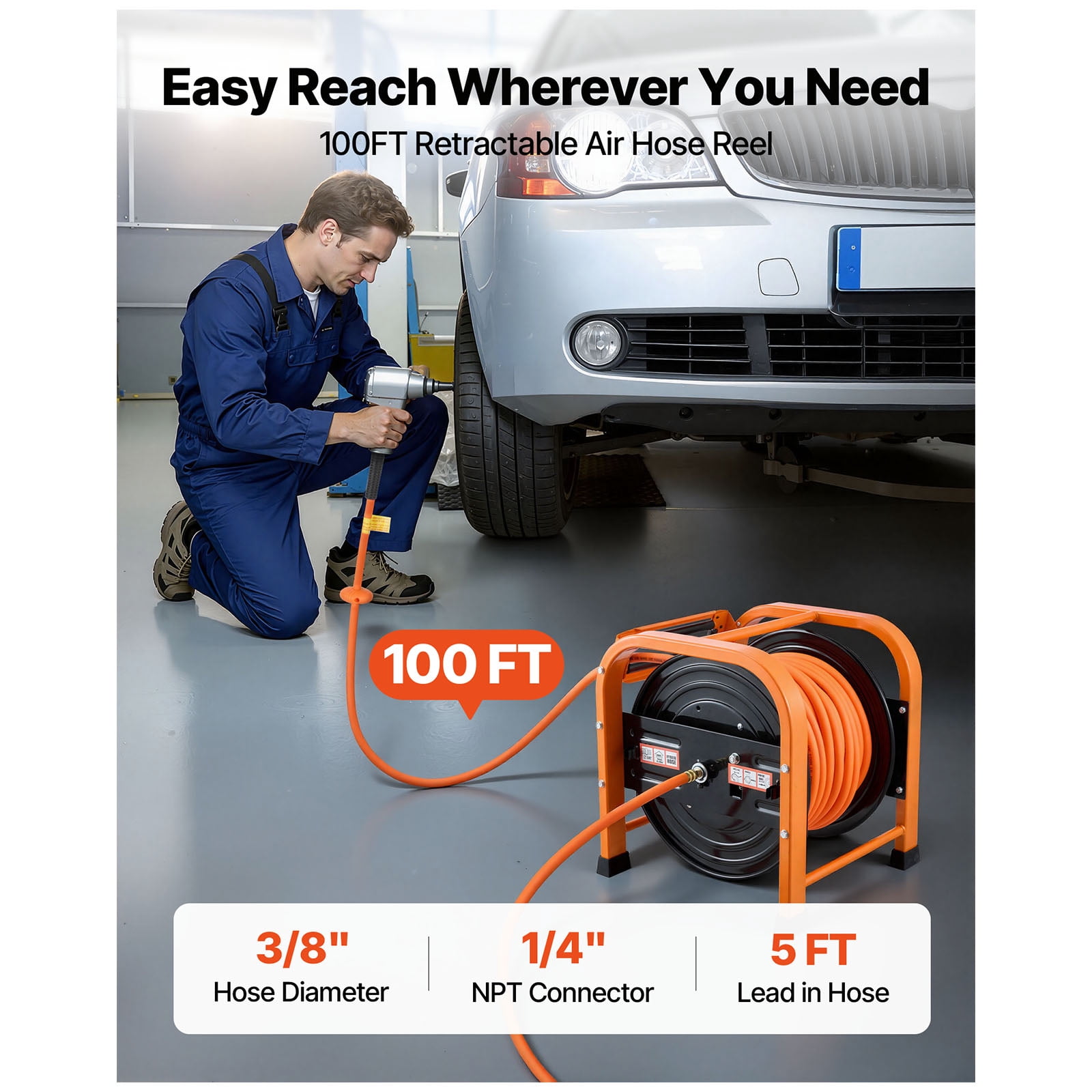 KFFKFF Retractable Air Hose Reel, 3/8 Inch x 100 FT PVC Air Hose, 300 PSI Max, Automatic Rewind with 5 ft Lead-In, Durable Steel Frame for Garages and Workshops