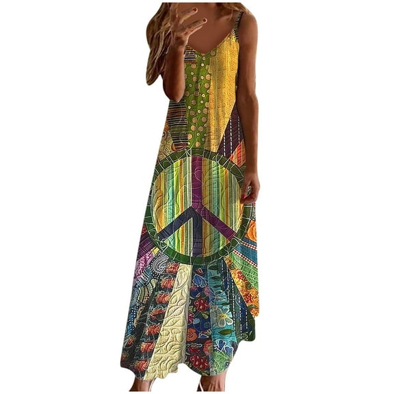 Ruimatai Women's Summer Dress Crew Neck Sleeveless Flowy Casual Long Dress with Floral Print, Lightweight Comfortable Beach Vacation Sundress for Dating Walking