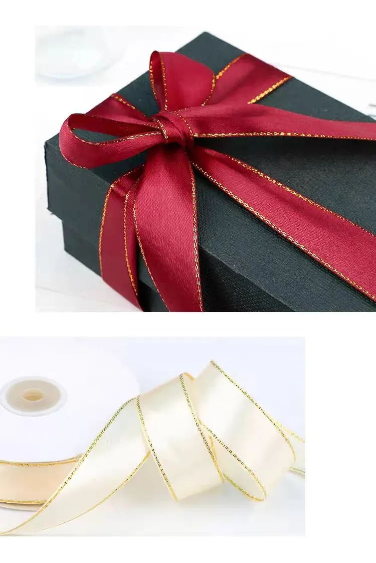 5-roll decorative satin ribbon with golden edges, used for gift wrapping, parties, and Christmas decoration, total length 114.25m