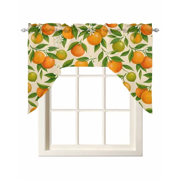 Green Orange Swag Valances for Windows, Small Curtains Drapes, Summer Botanical Leaves Watercolor Kitchen Window Curtains Over Sink Rod Pocket Window Treatment Valance for Bedroom/Bathroom 56"x36"