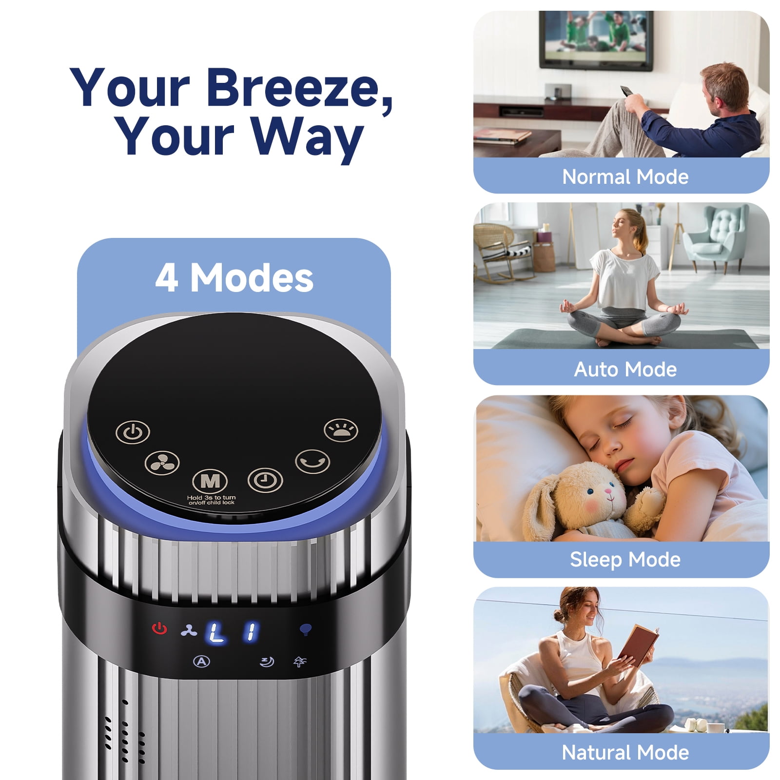 JIOABL Bladeless Tower Fan: 5 Speed Settings, 4 Modes, 25Ft/s Breeze, & Customizable Timer for Peaceful Sleep & Optimal Airflow, Gray