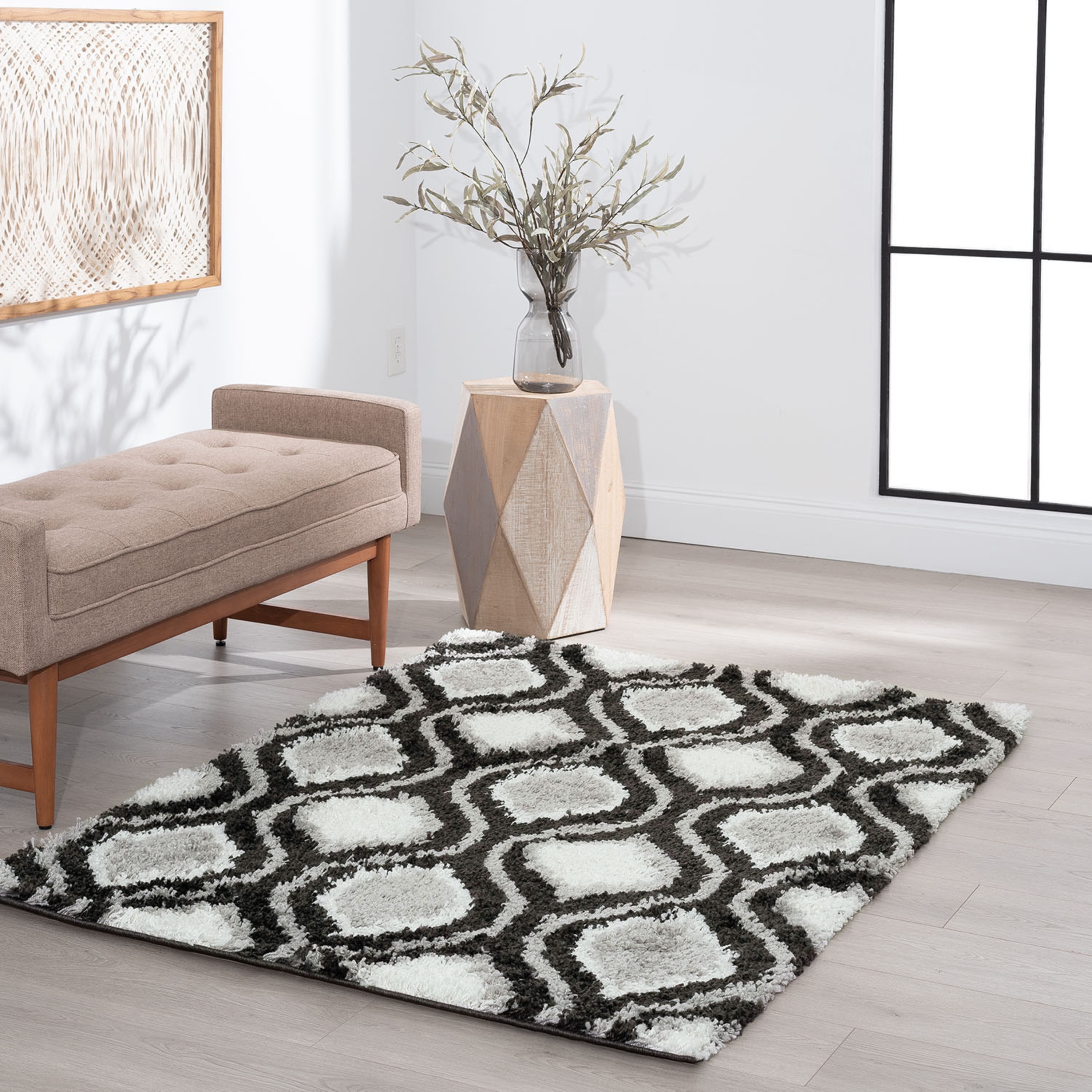 Contemporary 4x6 Area Rug Shag Thick (4' x 5'3'') Geometric White, Silver Indoor Rectangle Easy to Clean