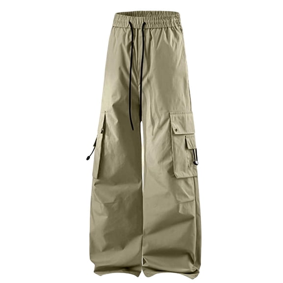 Loose Cargo Pants For Men Plain Elastic Waist Drawstring Multi-Pocket Hiking Pants Casual Outdoors Khaki M
