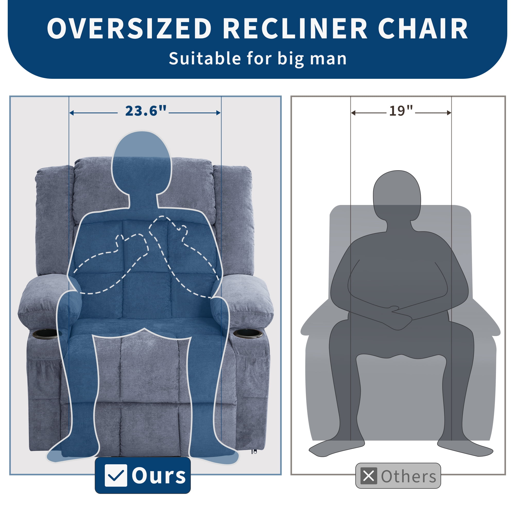 Power Lift Recliner Chair for Elderly – Oversized Wide Sofa with Heat, Vibration, Massage, 3 Positions, Remote Control, USB Charging, Cup Holders, Side Pockets, Ergonomic Living Room Chair, Blue