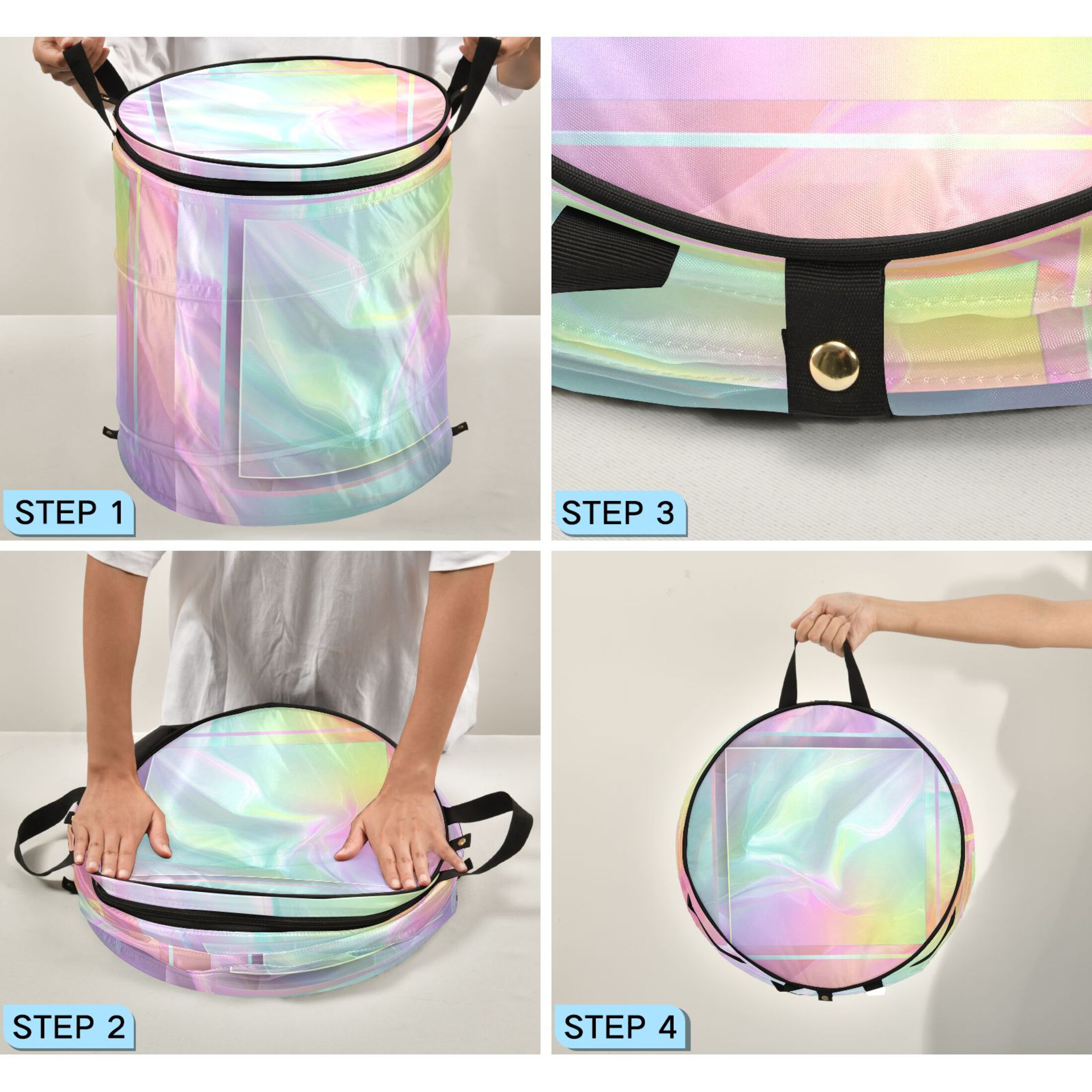 50L Extra Large Popup Hamper Collapsible Laundry Basket With Zippered Lid 15.7x18.5in Holographic Gradient Pastel