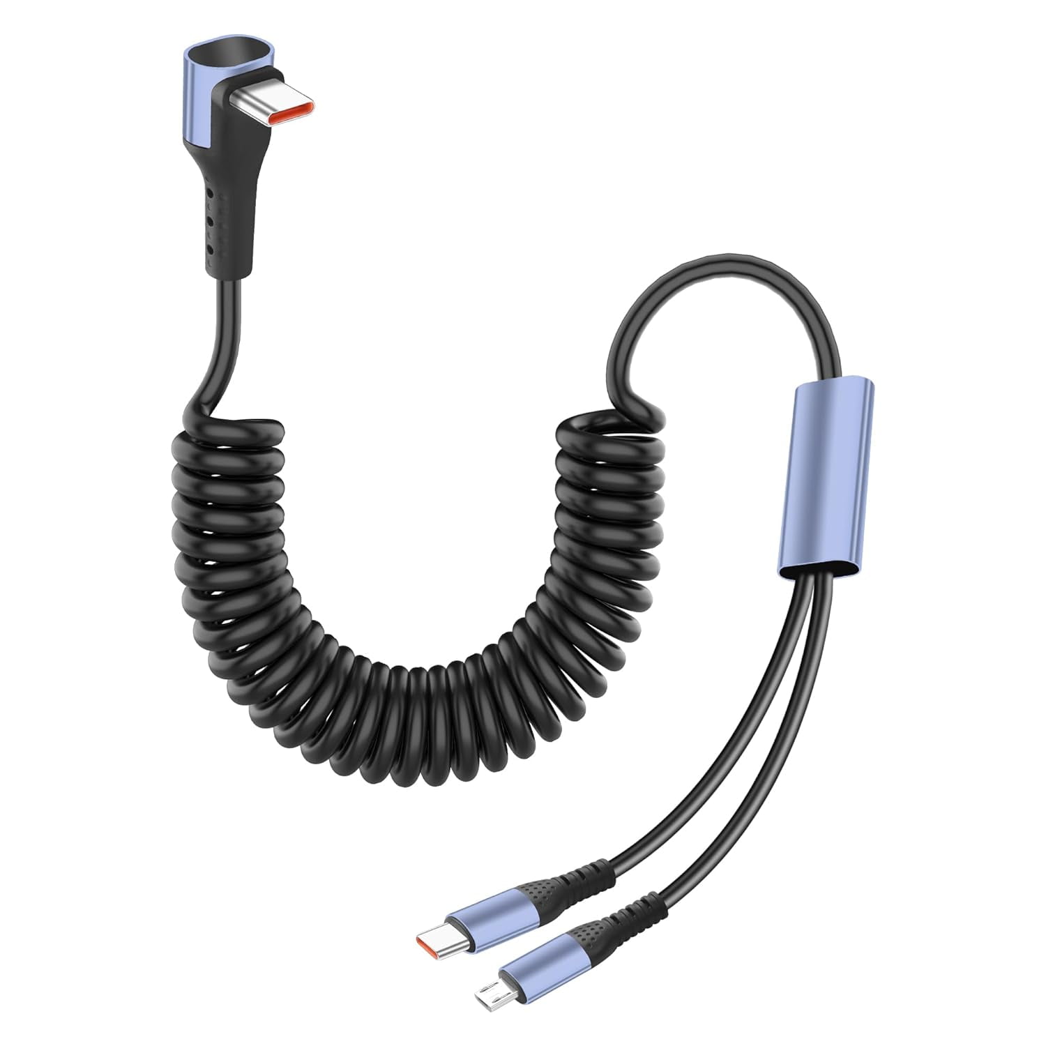 HRTGFD-Retractable 2 in 1 USB C Charging Cable,6A Coiled Type-C Fast Charging for Car,Multi USB C Splitter Cable with Type-C,Micro USB Port for Mobile Phones,Tablet,Cars,and More