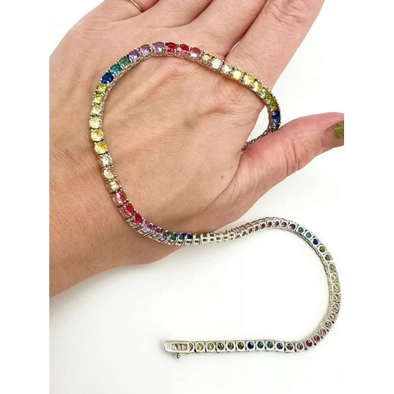 Rainbow Sapphire Necklace ,Multi-Color Sapphire Tennis Necklace, Natural Sapphire Round Rainbow Tennis Necklace, Gradient Ombre Necklace