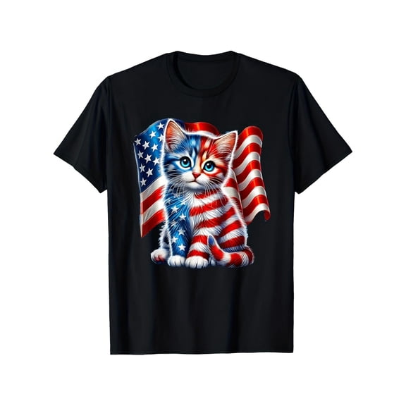 Vintage American Flag Kitten Unisex Heavyweight Black T-Shirt, Red White Blue Patriotic Cat Print Soft Breathable Casual Tee, Funny Patriotic Gift Ideal for 4th of July, Memorial Day and Independence