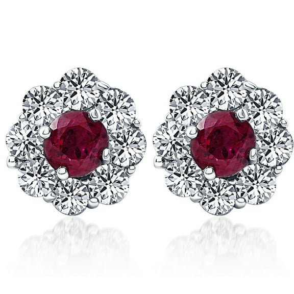 Pompeii 2 1/2ct Genuine Ruby & Diamond Halo Studs Earrings 14K White Gold (G/H,I1)