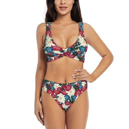 Zeuib Beautiful Flower High Waisted Tummy Control Bikini Set - Knot Front Push Up Top & Cheeky Thong Bottom  Two-Piece Swimsuit for Women-Medium