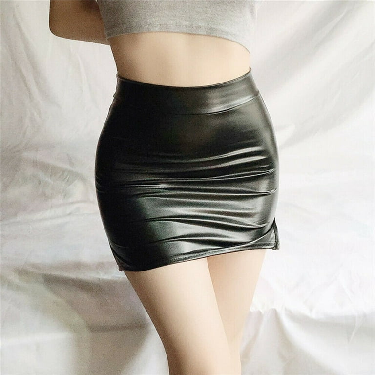 Women's New High Waisted Black Leather Mini Skirt with Zipper