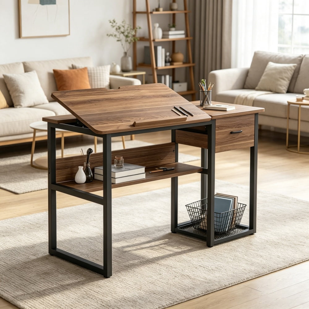 Adjustable Drafting Table with Drawer & Shelves, Tilting Desktop Art Craft Desk, Metal Frame Particle Board Workstation 250 lbs Capacity for Home Office