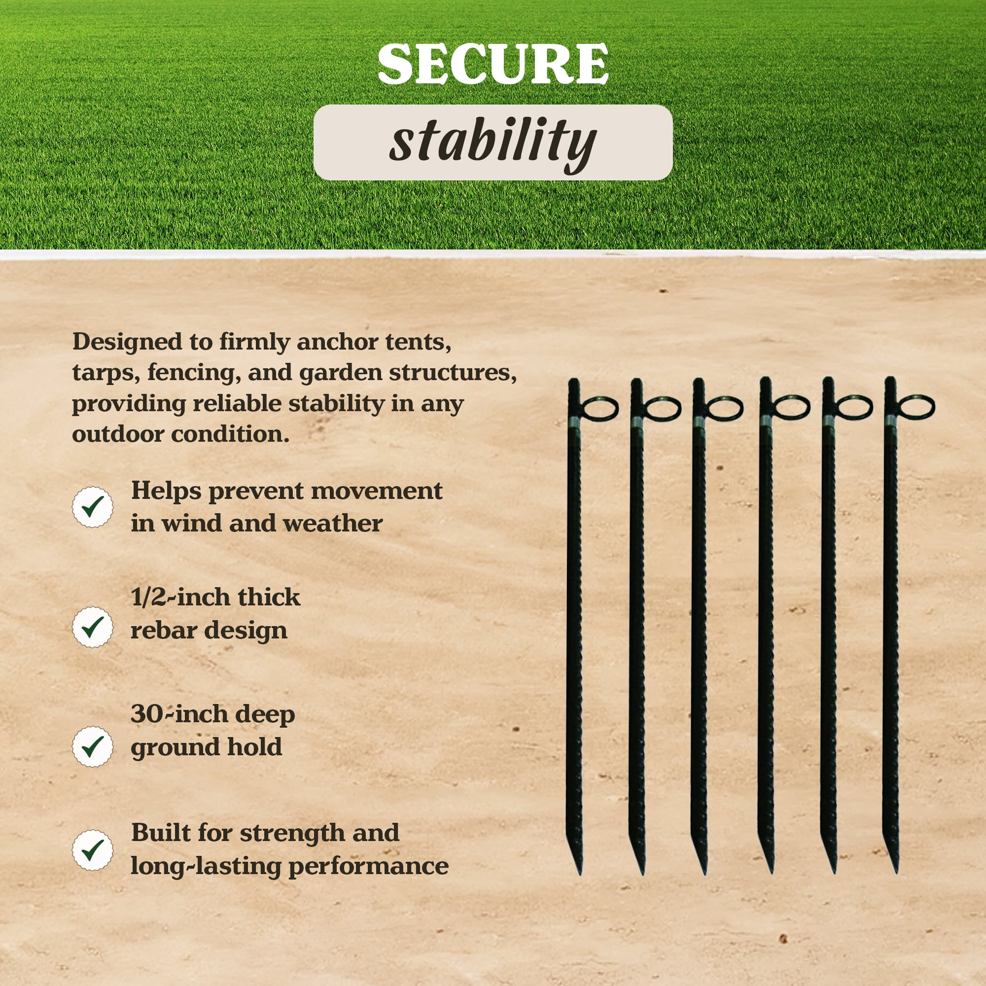 Yard Tuff 1/2" x 30" Rebar Stakes, Steel Ground Anchors for Yard or Garden, 6 Pack