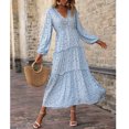 thumbnail image 2 of Vestido largo de mujer con cuello en V y volantes, cintura alta, manga larga tipo farol, vestido floral con abertura lateral izquierda para fiesta diaria, azul L, 2 of 6