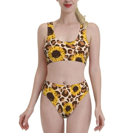 Bixox Leopard Sunflowers Pattern Two-Piece Sports Bikini with U-Shaped Top and High-Waist Bottom - Women s Swimwear with Removable Bra Pads