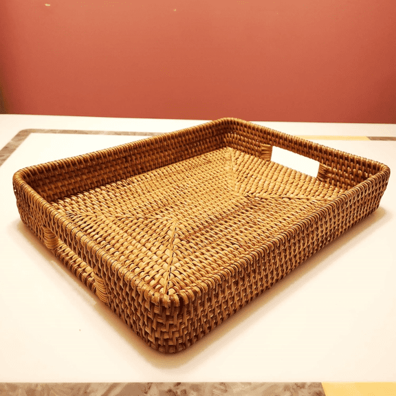 17 Inch Oversize Handmade Rectangular Serving Trays with Cutout Handles and 2.3” Wall,Decorative Rattan Woven Storage Baskets Organizer Plate Tray