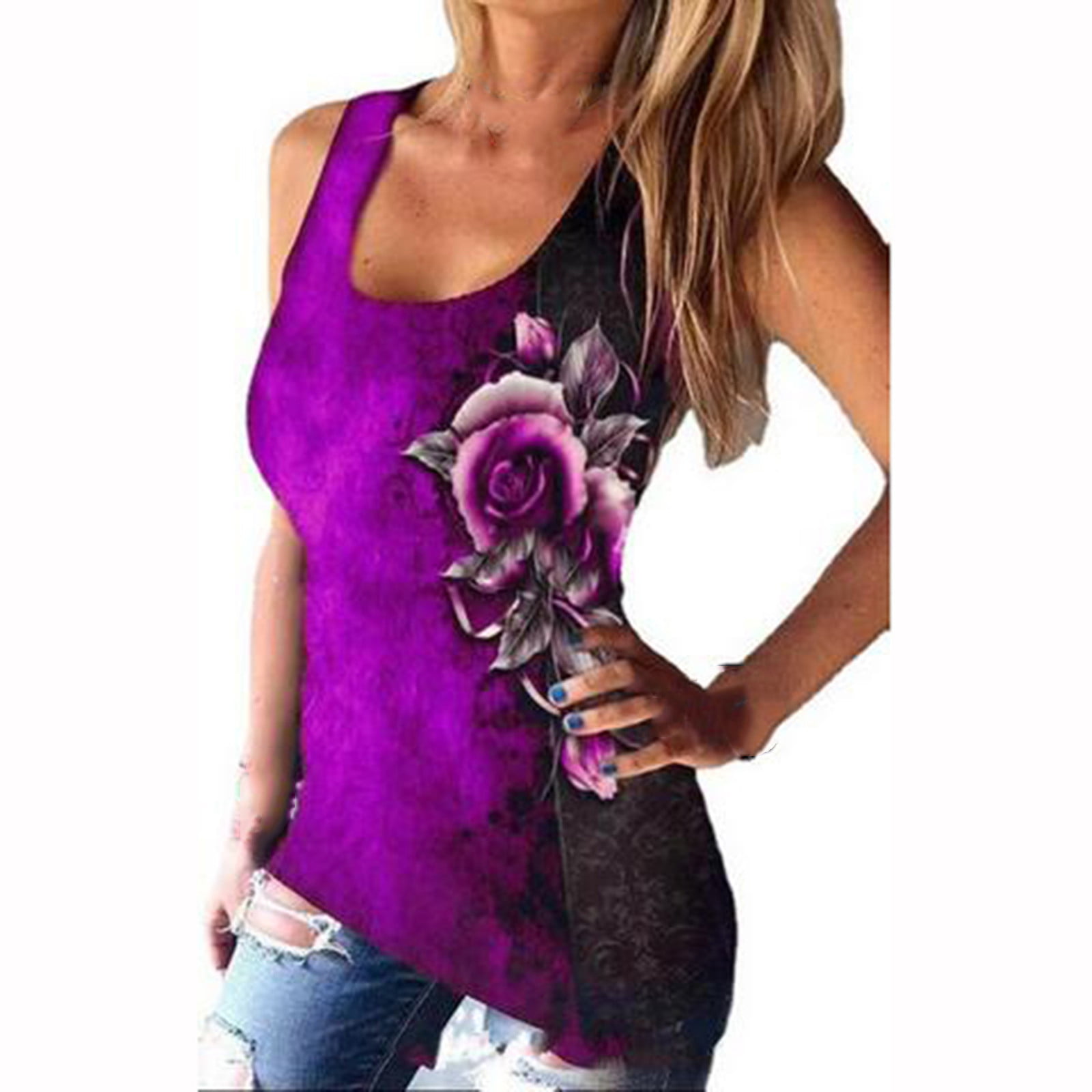 Ernkv Clearance Women's Loose Tank Tops Rose Floral Print Retro Cami Tops  Sleeveless Square Neck Vest Leisure Comfy Fit Beach Blouses Fashion Summer  Purple XL 
